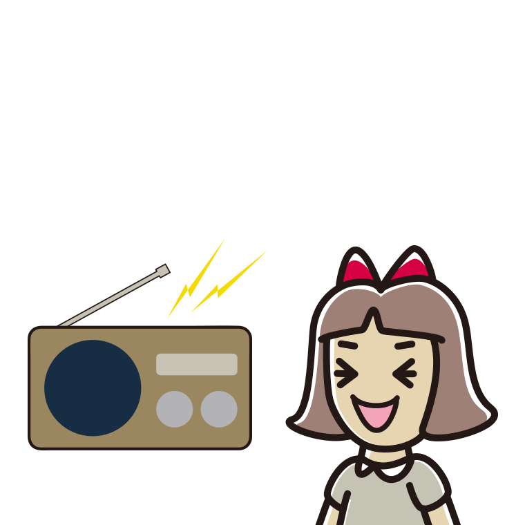 ラジオを聴いて笑う小学生女子のイラスト【色あり、背景なし】透過PNG