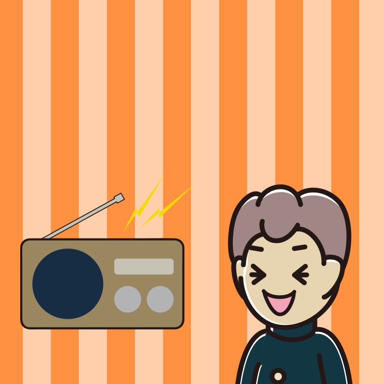 ラジオを聴いて笑う男子中学生のイラスト【色、背景あり】PNG