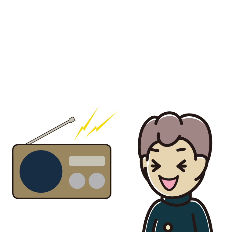 ラジオを聴いて笑う男子中学生のイラスト【色あり、背景なし】透過PNG