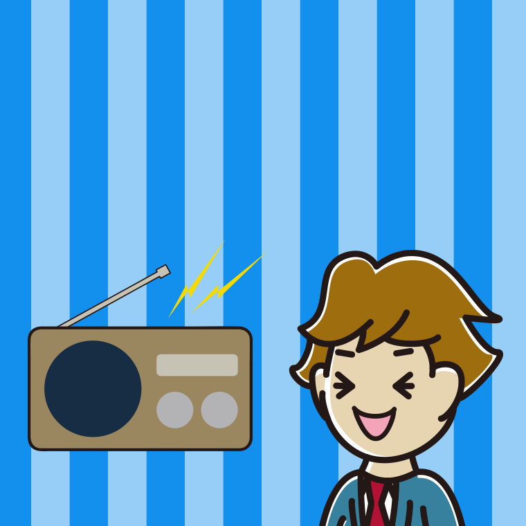 ラジオを聴いて笑う男子高校生のイラスト【色、背景あり】PNG