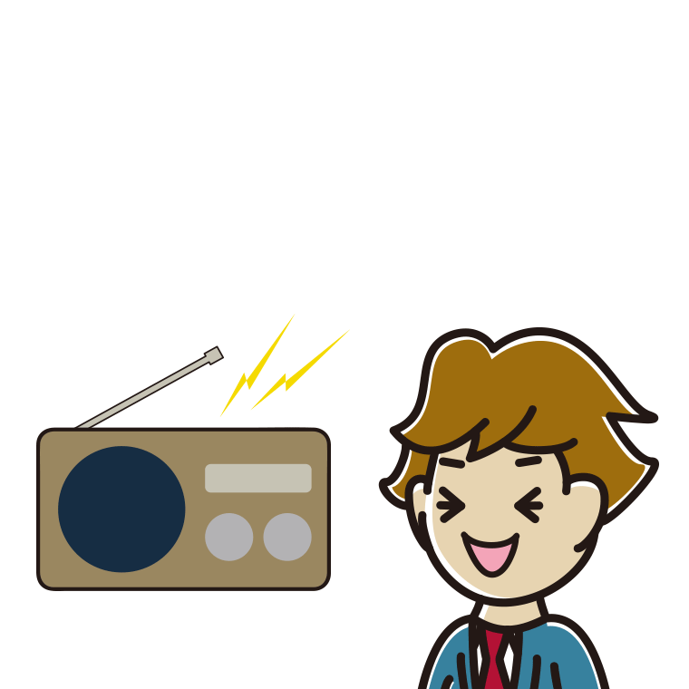 ラジオを聴いて笑う男子高校生のイラスト【色あり、背景なし】透過PNG