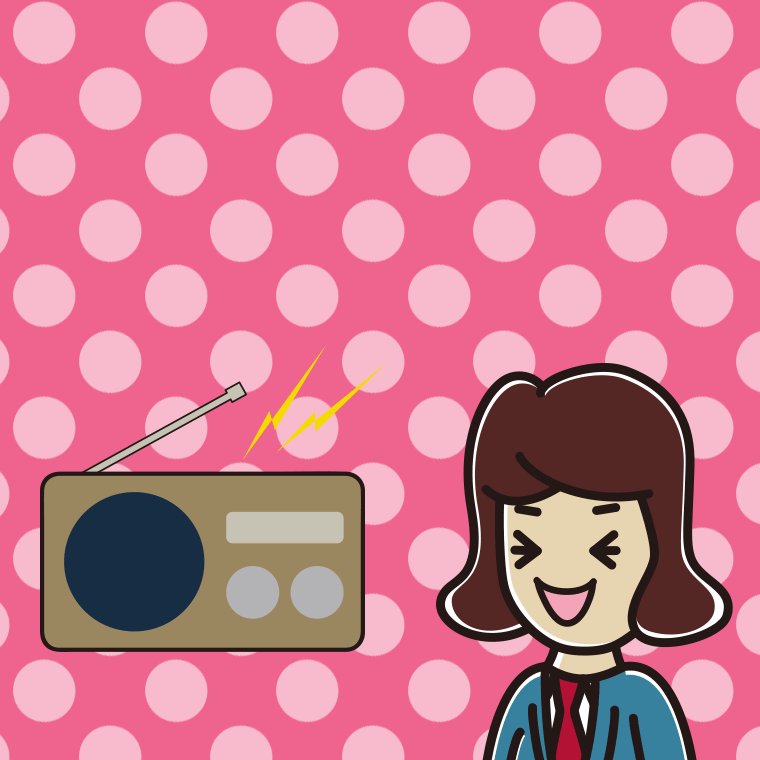 ラジオを聴いて笑う女子高校生のイラスト【色、背景あり】PNG