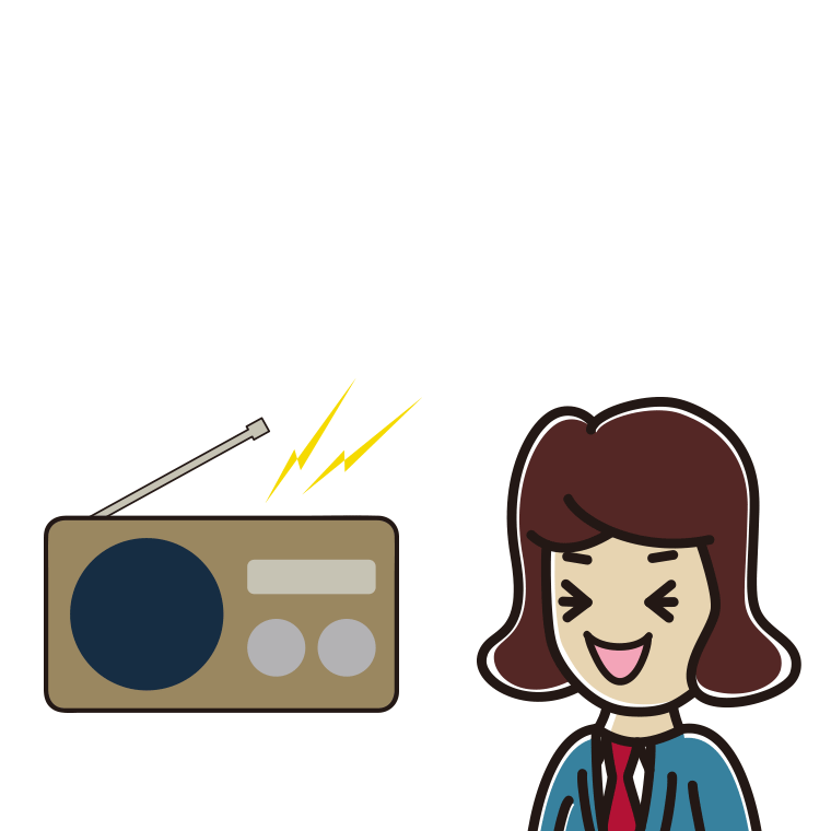 ラジオを聴いて笑う女子高校生のイラスト【色あり、背景なし】透過PNG