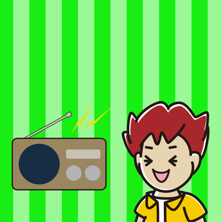 ラジオを聴いて笑う男子大学生のイラスト【色、背景あり】PNG