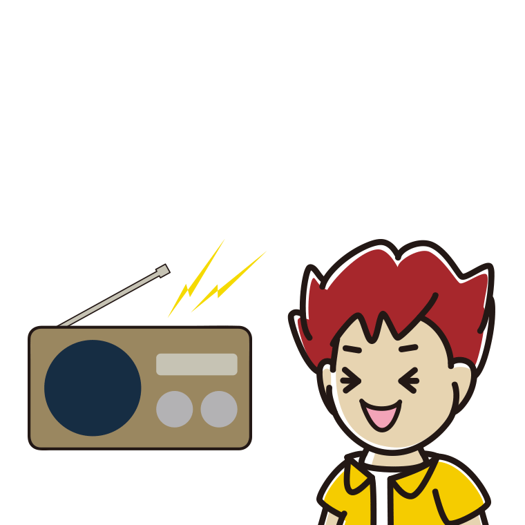 ラジオを聴いて笑う男子大学生のイラスト【色あり、背景なし】透過PNG