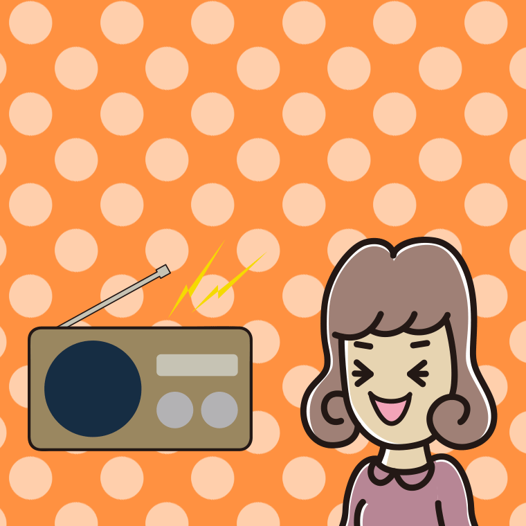 ラジオを聴いて笑う女子大学生のイラスト【色、背景あり】PNG