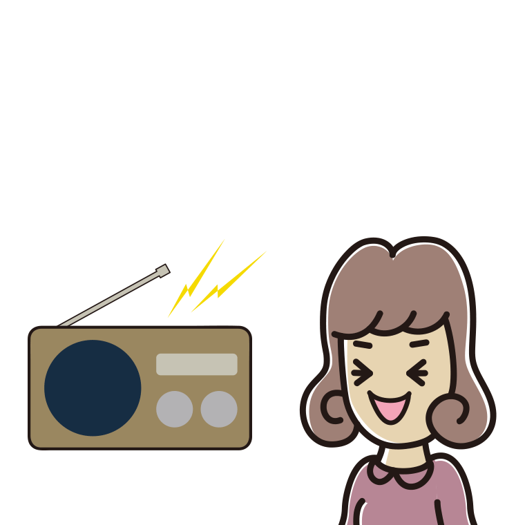 ラジオを聴いて笑う女子大学生のイラスト【色あり、背景なし】透過PNG
