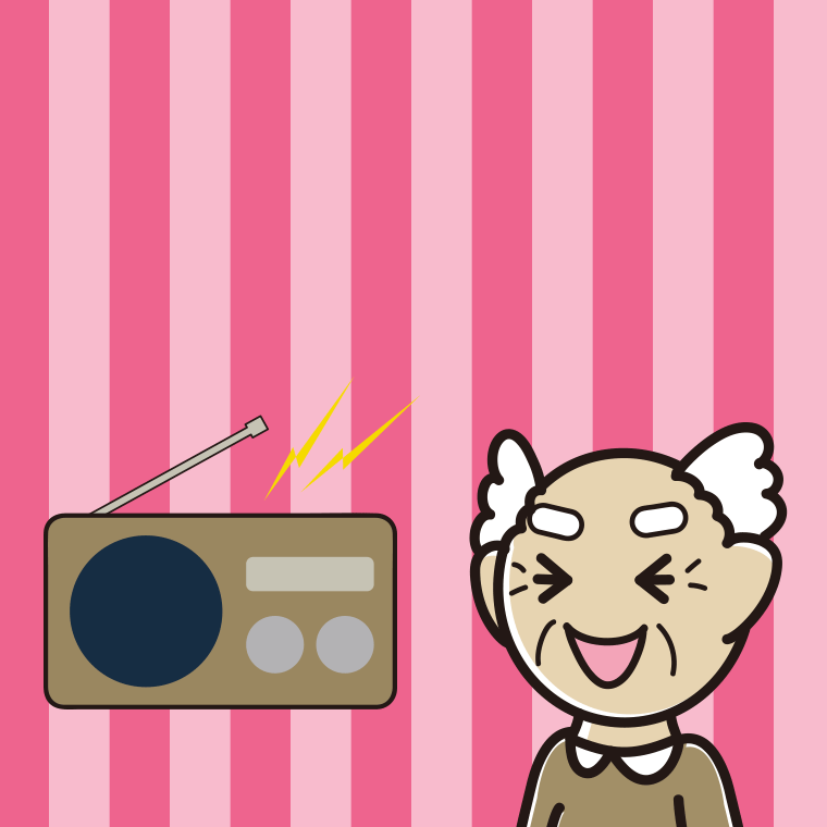 ラジオを聴いて笑うおじいさんのイラスト【色、背景あり】PNG