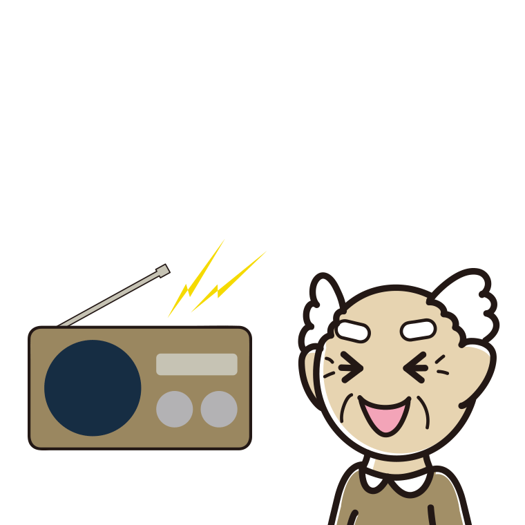 ラジオを聴いて笑うおじいさんのイラスト【色あり、背景なし】透過PNG