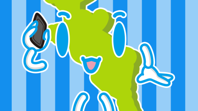 スマホで電話する京都ちゃんのイラスト【色、背景あり】PNG