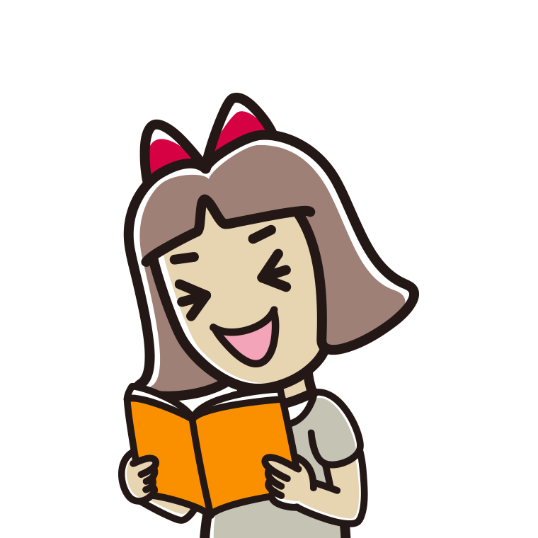 本を読んで笑う小学生女子のイラスト【色あり、背景なし】透過PNG