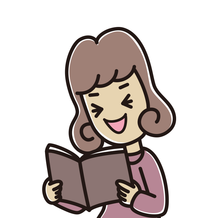 本を読んで笑う女子大学生のイラスト【色あり、背景なし】透過PNG