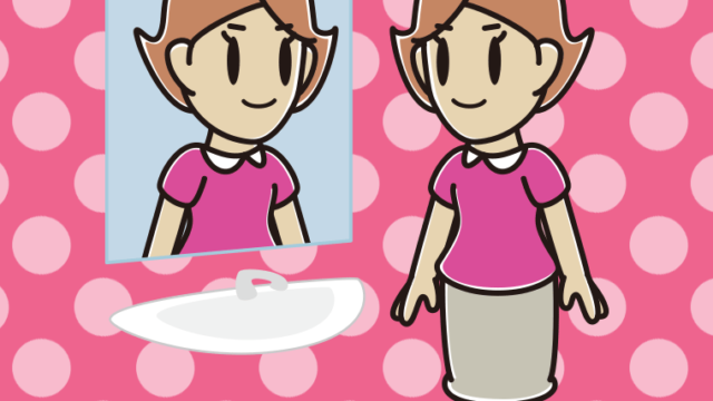 鏡を見る女性のイラスト【色、背景あり】PNG