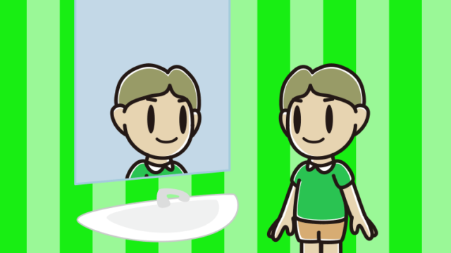 鏡を見る小学生男子のイラスト【色、背景あり】PNG