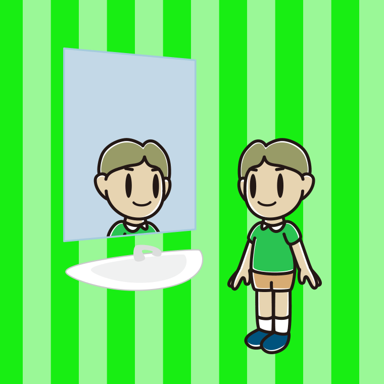 鏡を見る小学生男子のイラスト【色、背景あり】PNG