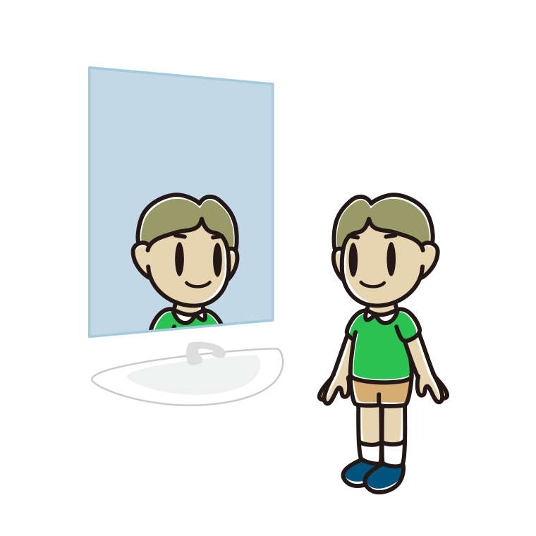 鏡を見る小学生男子のイラスト【色あり、背景なし】透過PNG