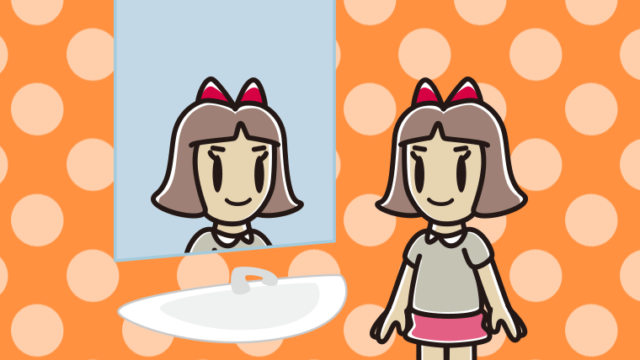 鏡を見る小学生女子のイラスト【色、背景あり】PNG