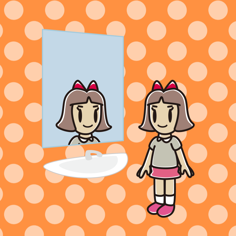 鏡を見る小学生女子のイラスト【色、背景あり】PNG