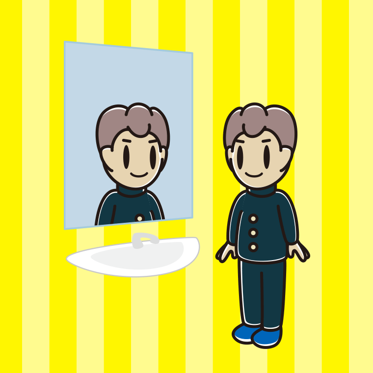 鏡を見る男子中学生のイラスト【色、背景あり】PNG
