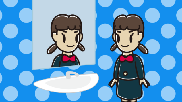 鏡を見る女子中学生のイラスト【色、背景あり】PNG