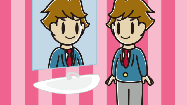 鏡を見る男子高校生のイラスト【色、背景あり】PNG