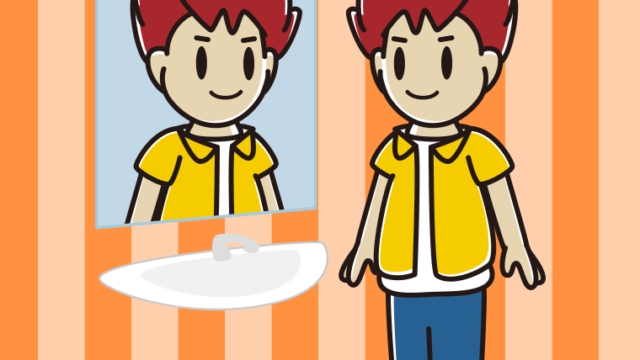 鏡を見る男子大学生のイラスト【色、背景あり】PNG