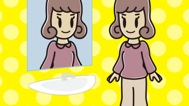 鏡を見る女子大学生のイラスト【色、背景あり】PNG