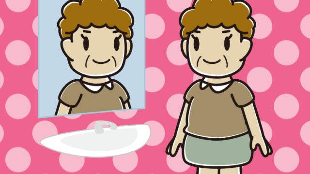 鏡を見るおばさんのイラスト【色、背景あり】PNG