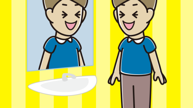 鏡を見て笑う男性のイラスト【色、背景あり】PNG