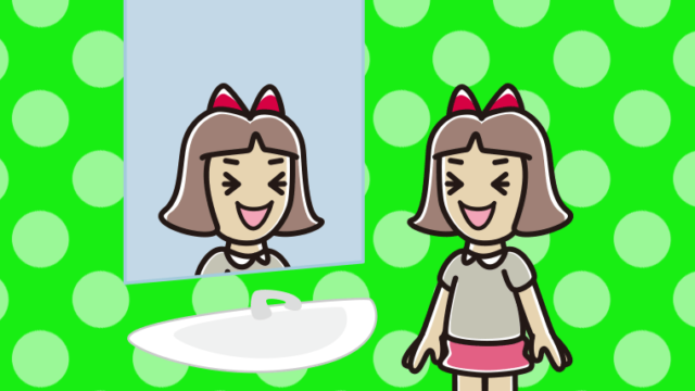 鏡を見て笑う小学生女子のイラスト【色、背景あり】PNG
