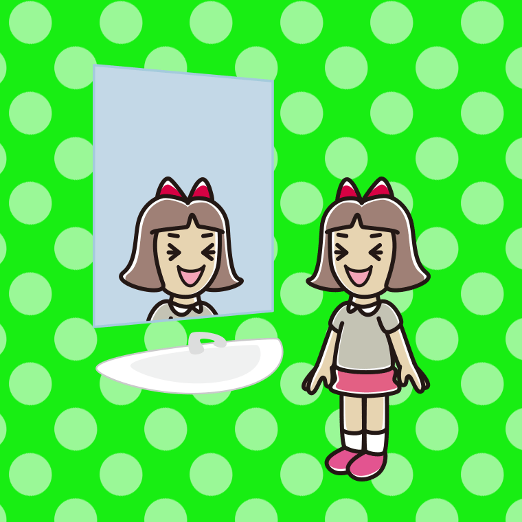 鏡を見て笑う小学生女子のイラスト【色、背景あり】PNG