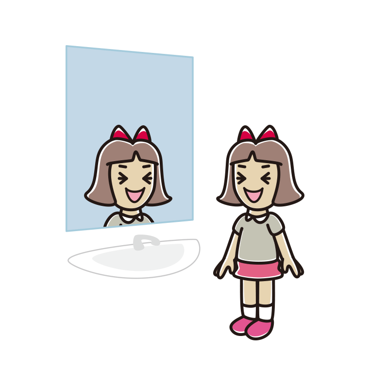 鏡を見て笑う小学生女子のイラスト【色あり、背景なし】透過PNG