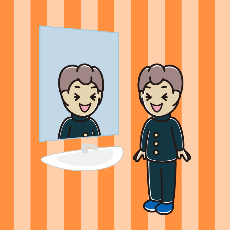 鏡を見て笑う男子中学生のイラスト【色、背景あり】PNG