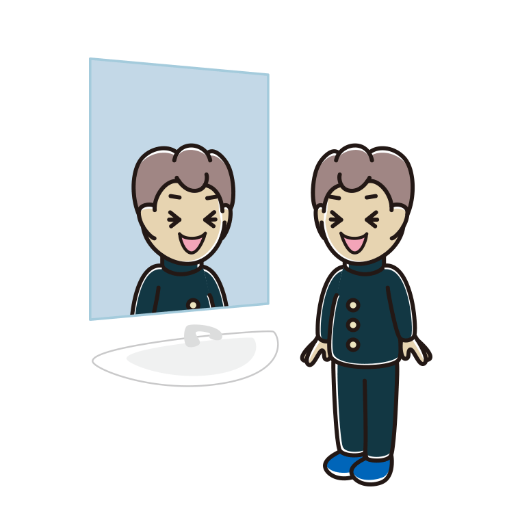 鏡を見て笑う男子中学生のイラスト【色あり、背景なし】透過PNG