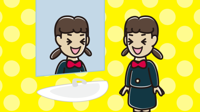 鏡を見て笑う女子中学生のイラスト【色、背景あり】PNG