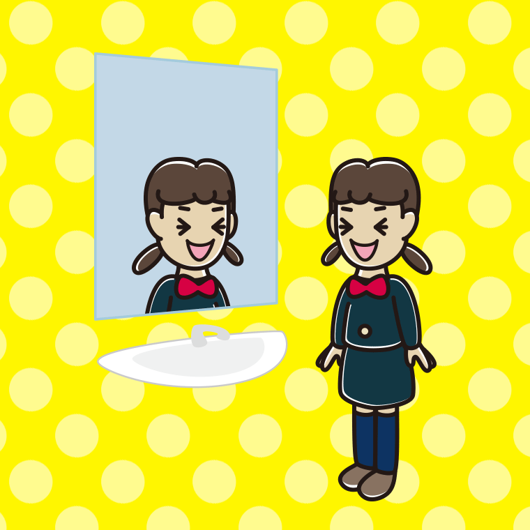 鏡を見て笑う女子中学生のイラスト【色、背景あり】PNG
