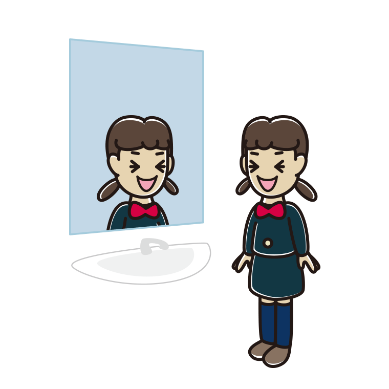 鏡を見て笑う女子中学生のイラスト【色あり、背景なし】透過PNG