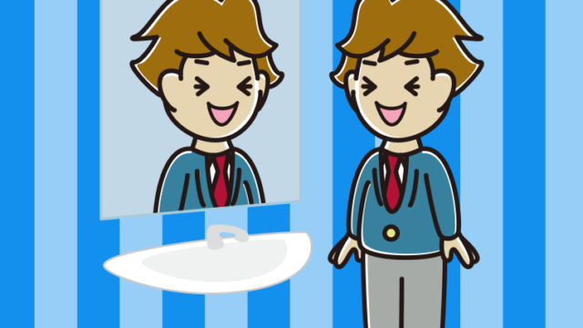 鏡を見て笑う男子高校生のイラスト【色、背景あり】PNG