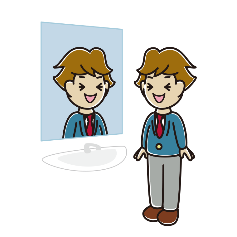 鏡を見て笑う男子高校生のイラスト【色あり、背景なし】透過PNG