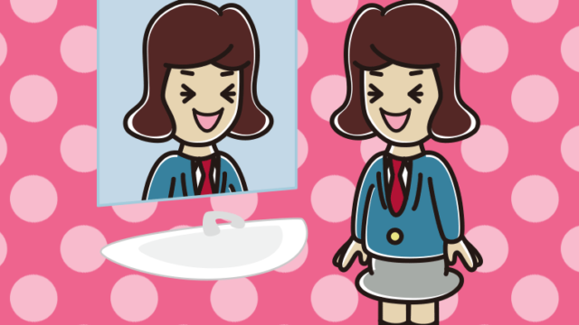 鏡を見て笑う女子高校生のイラスト【色、背景あり】PNG
