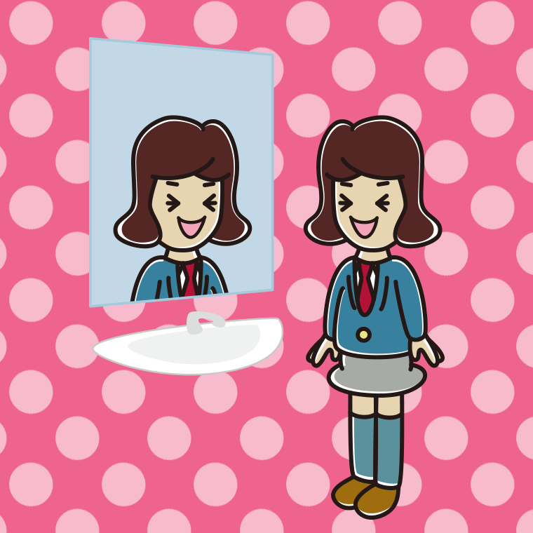 鏡を見て笑う女子高校生のイラスト【色、背景あり】PNG