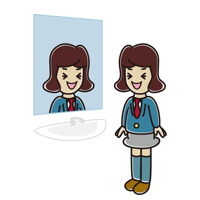 鏡を見て笑う女子高校生のイラスト【色あり、背景なし】透過PNG