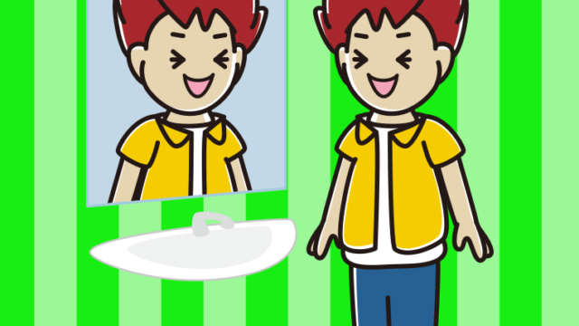 鏡を見て笑う男子大学生のイラスト【色、背景あり】PNG