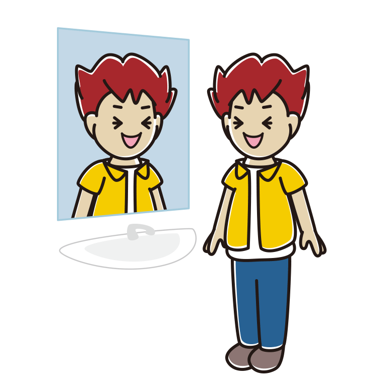 鏡を見て笑う男子大学生のイラスト【色あり、背景なし】透過PNG