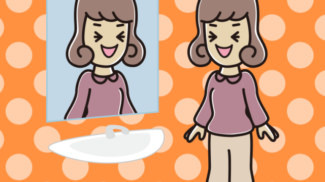 鏡を見て笑う女子大学生のイラスト【色、背景あり】PNG