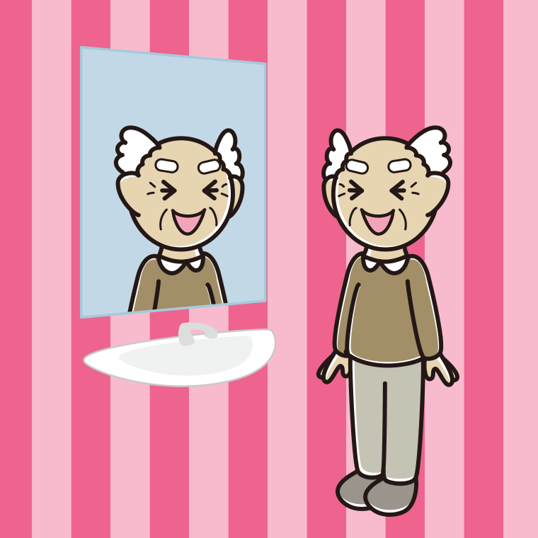 鏡を見て笑うおじいさんのイラスト【色、背景あり】PNG