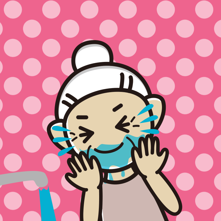 顔を洗うおばあさんのイラスト【色、背景あり】PNG