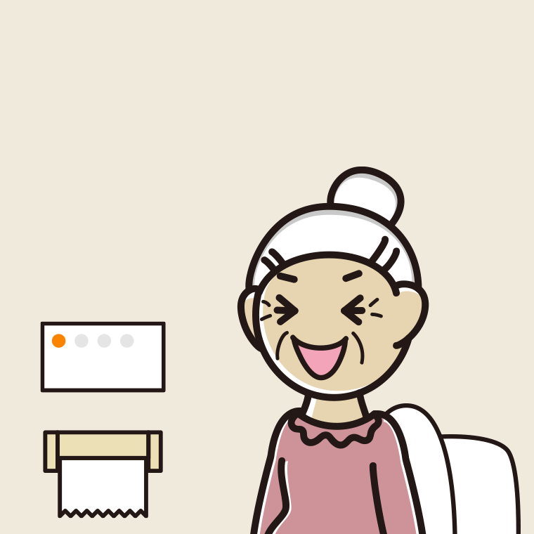 トイレで笑うおばあさんのイラスト【色、背景あり】PNG