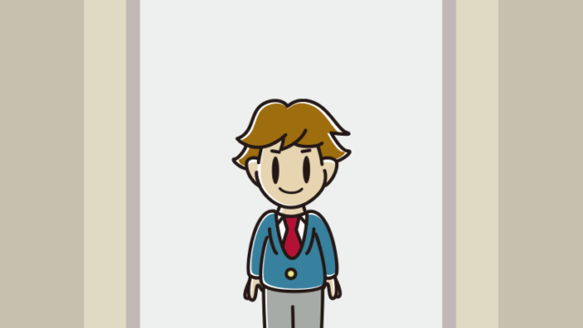 エレベーターに乗る男子高校生のイラスト【色、背景あり】PNG