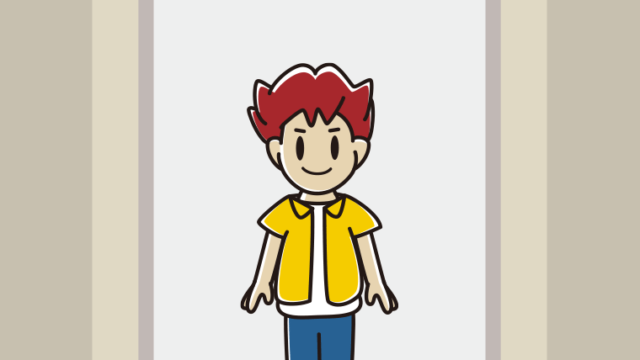 エレベーターに乗る男子大学生のイラスト【色、背景あり】PNG